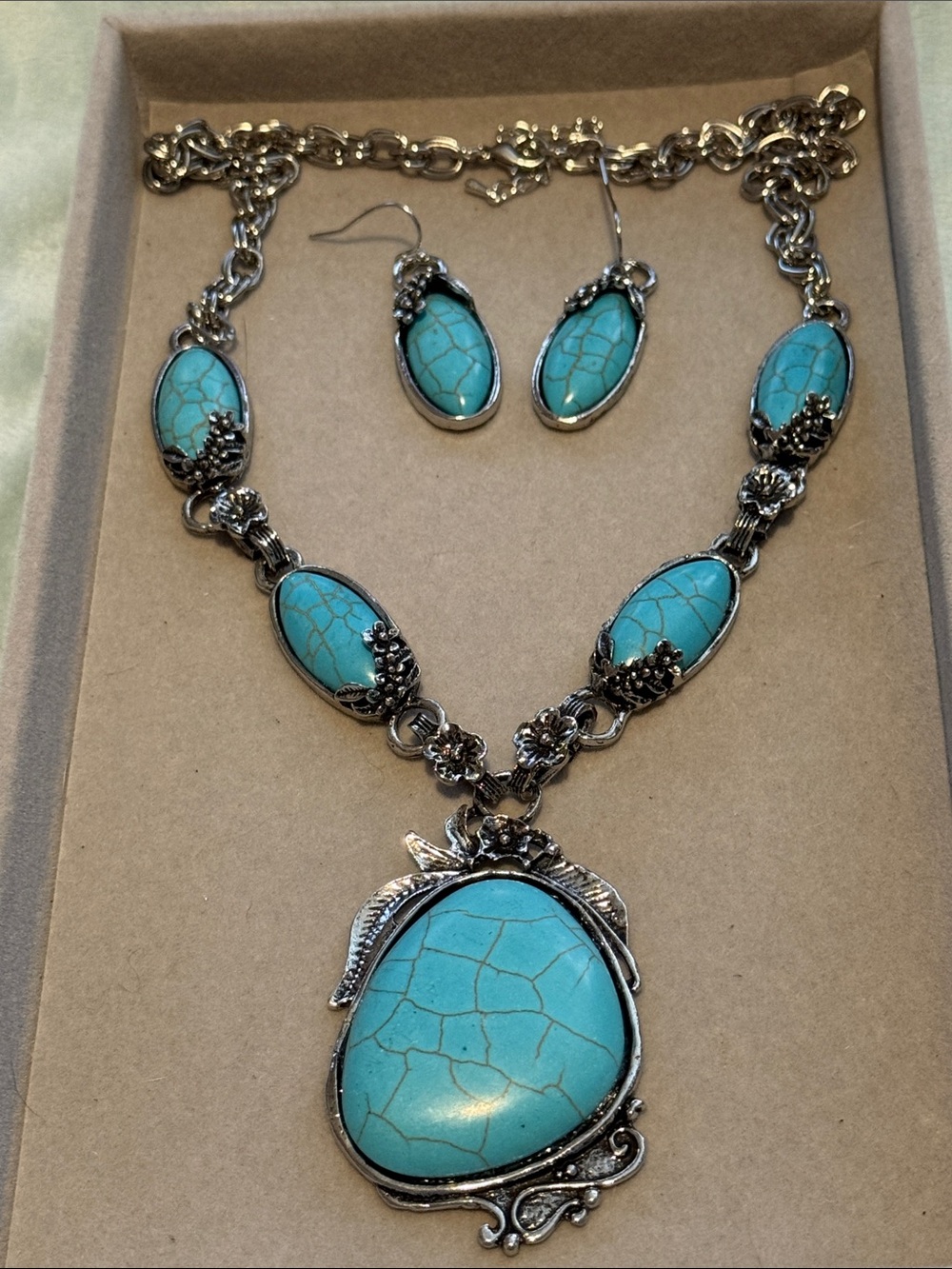 Turquoise Oval Stone Necklace and Earring Set - Blue Accent Statement Jewelry